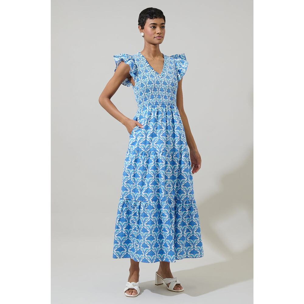 Sugar Lips Blue + White Geo Sunfire Elyse Tiered Cap Sleeve Midi Dress Medium - Picture 12 of 12